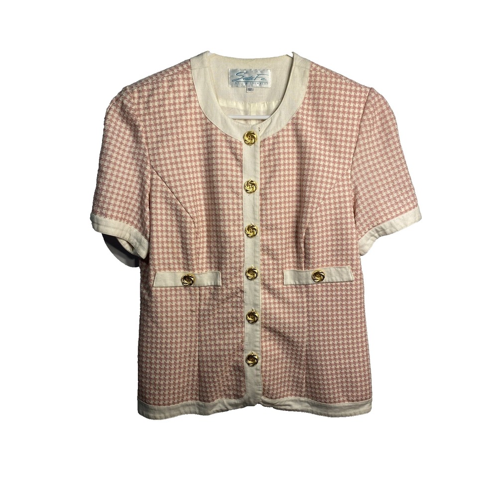 santa fe womens blazer size 12 pink‎ white gold button up short sleeve